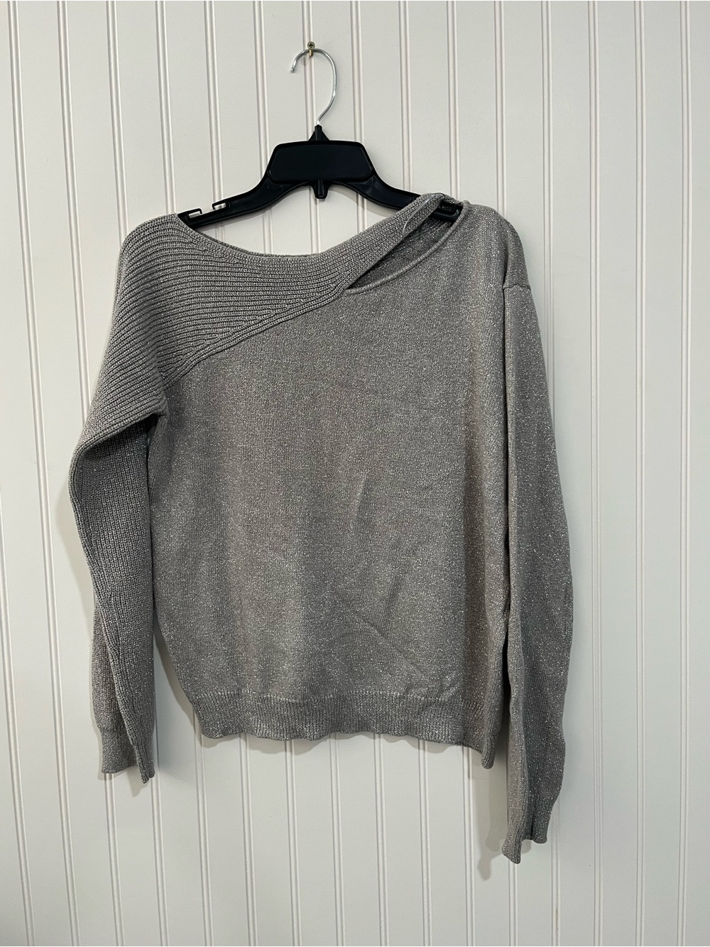 Vince Camuto Silver Gray Off-Shoulder Sparkle Sweater